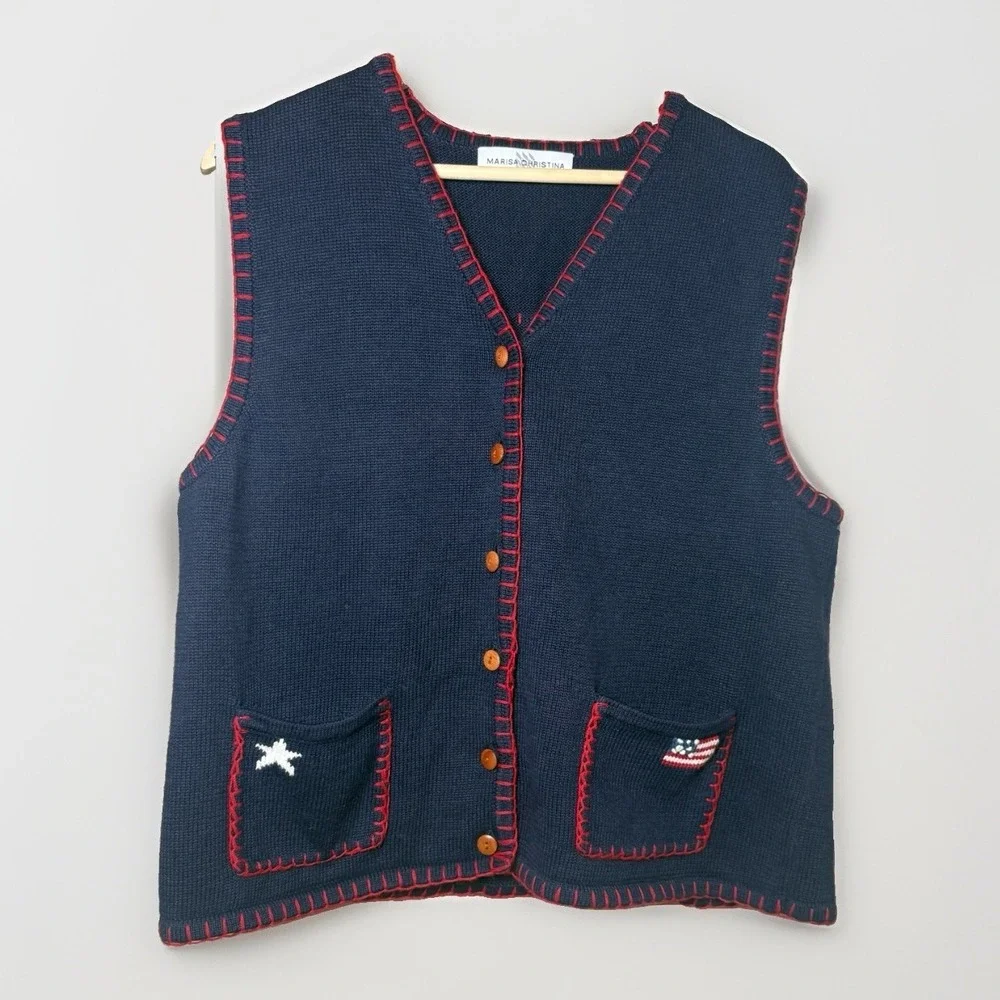 Vintage Marisa Christina Sweater Vest American Flag Women Large * 4th Of July